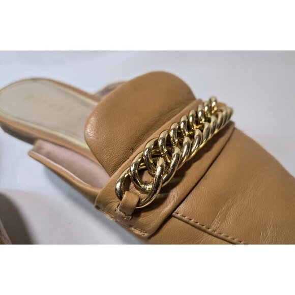 Gianni Bini Tan Flat Mule Slip-On Gold Chain Sz 7 Leather Embellished Career - Picture 5 of 12